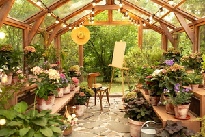 Gartenhaus: Innenansicht mit Blumen
