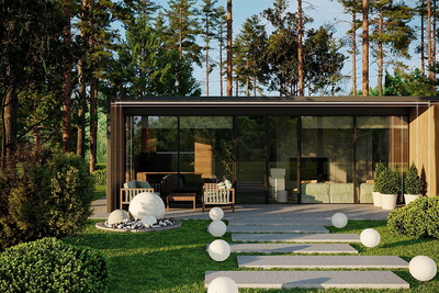 Gartenhaus: Außenansicht mit Fensterfront